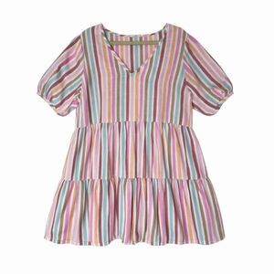 Ana Puff Sleeve Tiered Babydoll Dress Summer Spring Woven Stripe XL bv